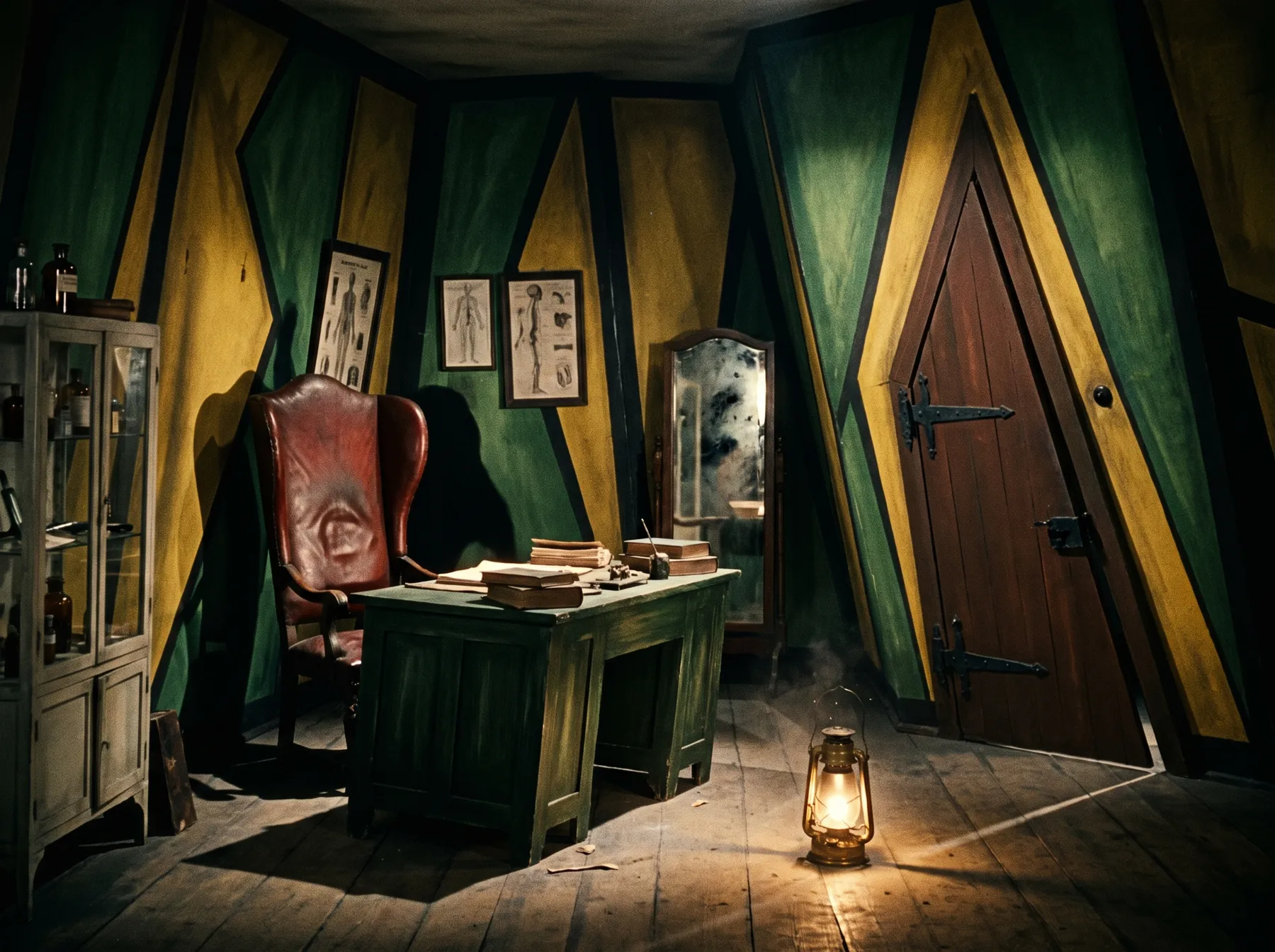 A colored German Expressionist office with angular green and gold walls