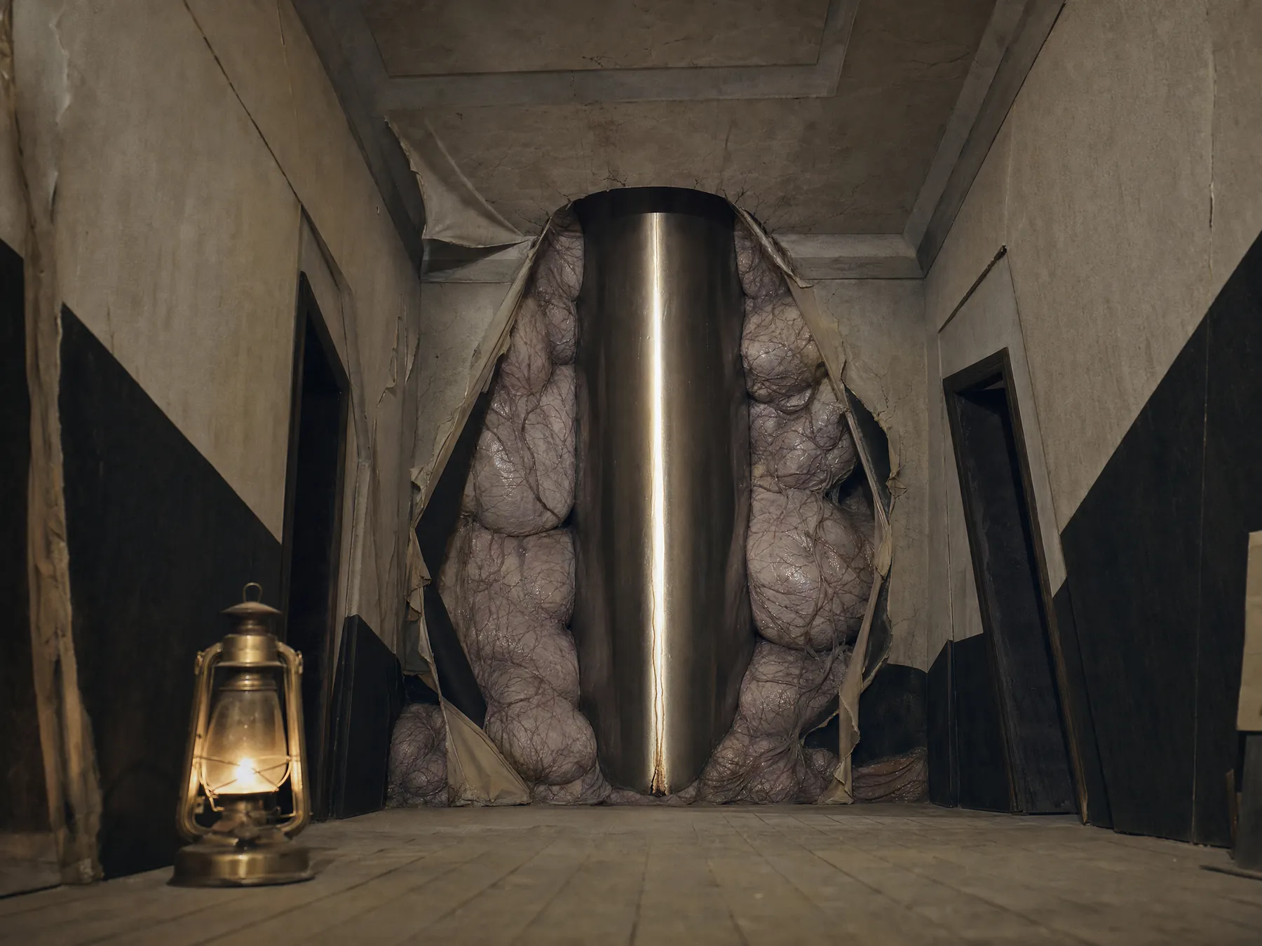 A corridor inside Jekyll’s mind, its walls opening around a towering metal form