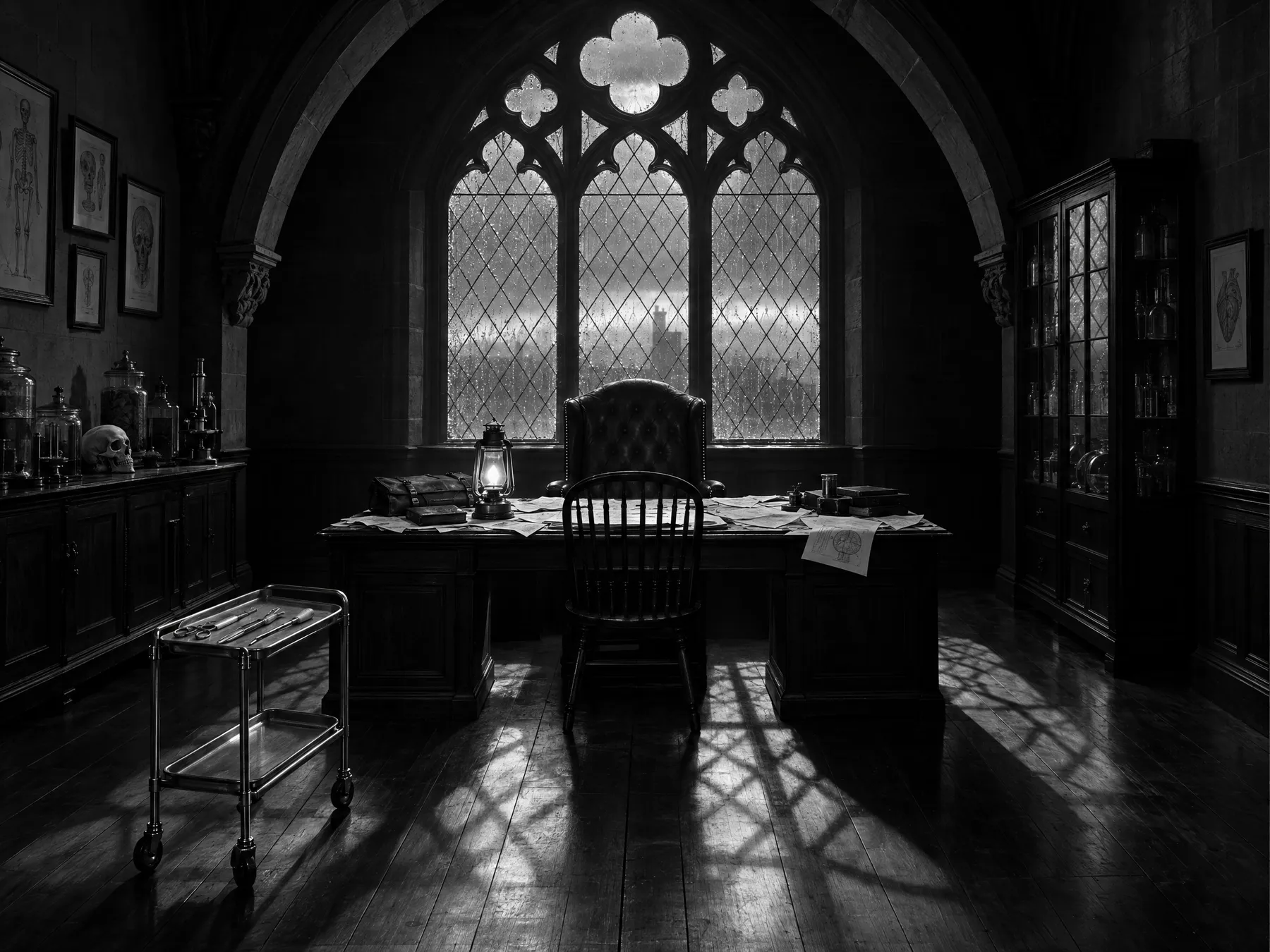 A black-and-white Jekyll office with a rainy gothic window