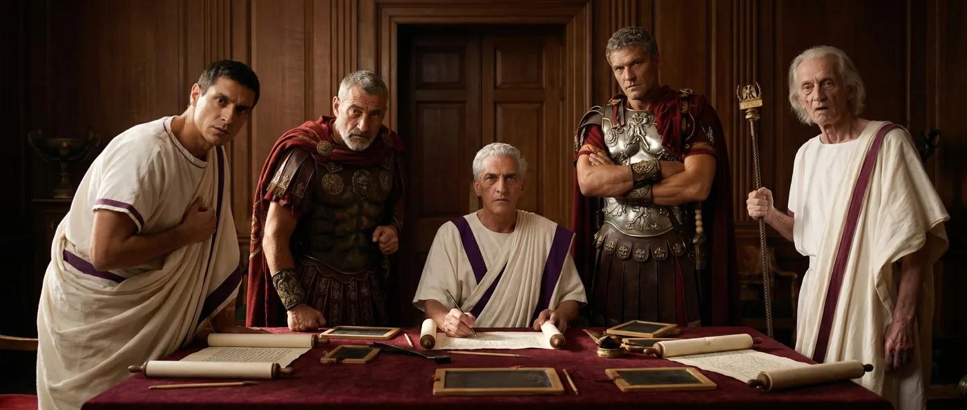 Five Roman men look up from an inquest table
