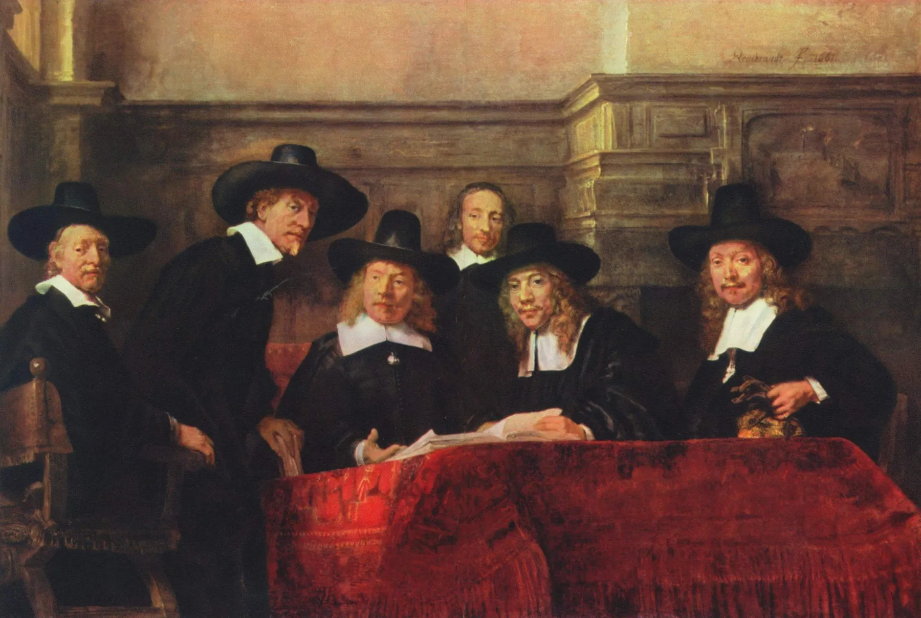 Rembrandt’s Syndics of the Drapers’ Guild, with the men looking up from a table