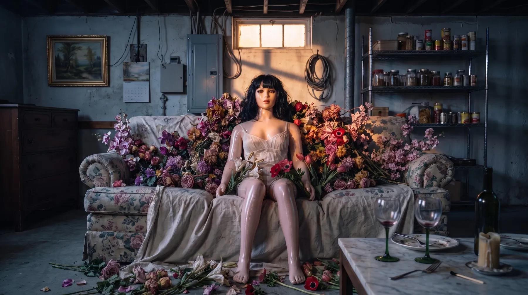 The doll sits among months of withered flowers in a lived-in basement, lit by one high window