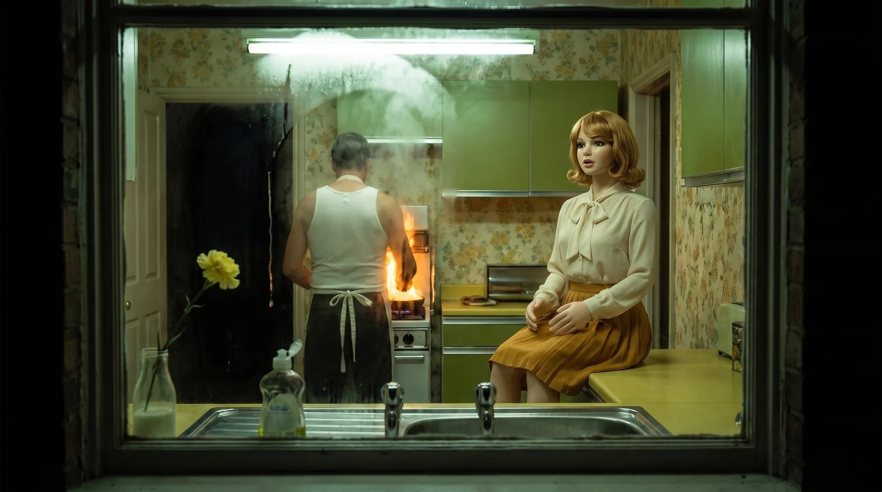 A doll sits on a kitchen counter beside a cook under green fluorescent light