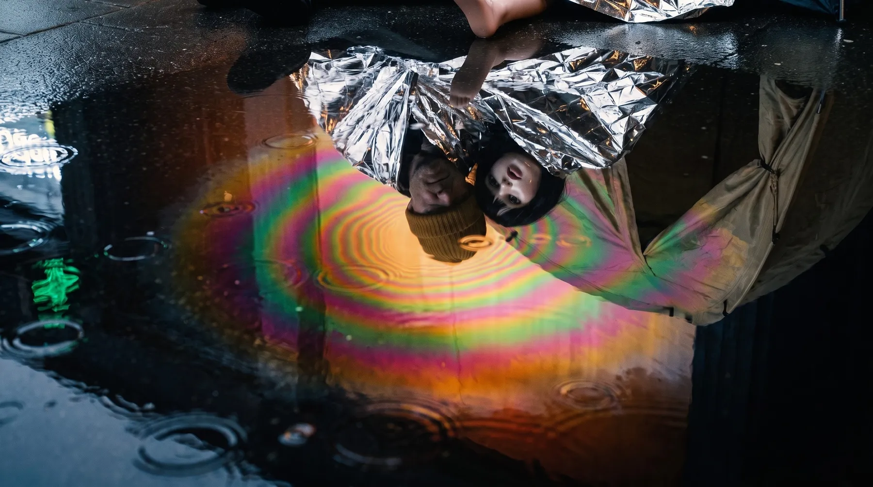 A man and the doll reflected upside down in a rain puddle beneath a silver blanket