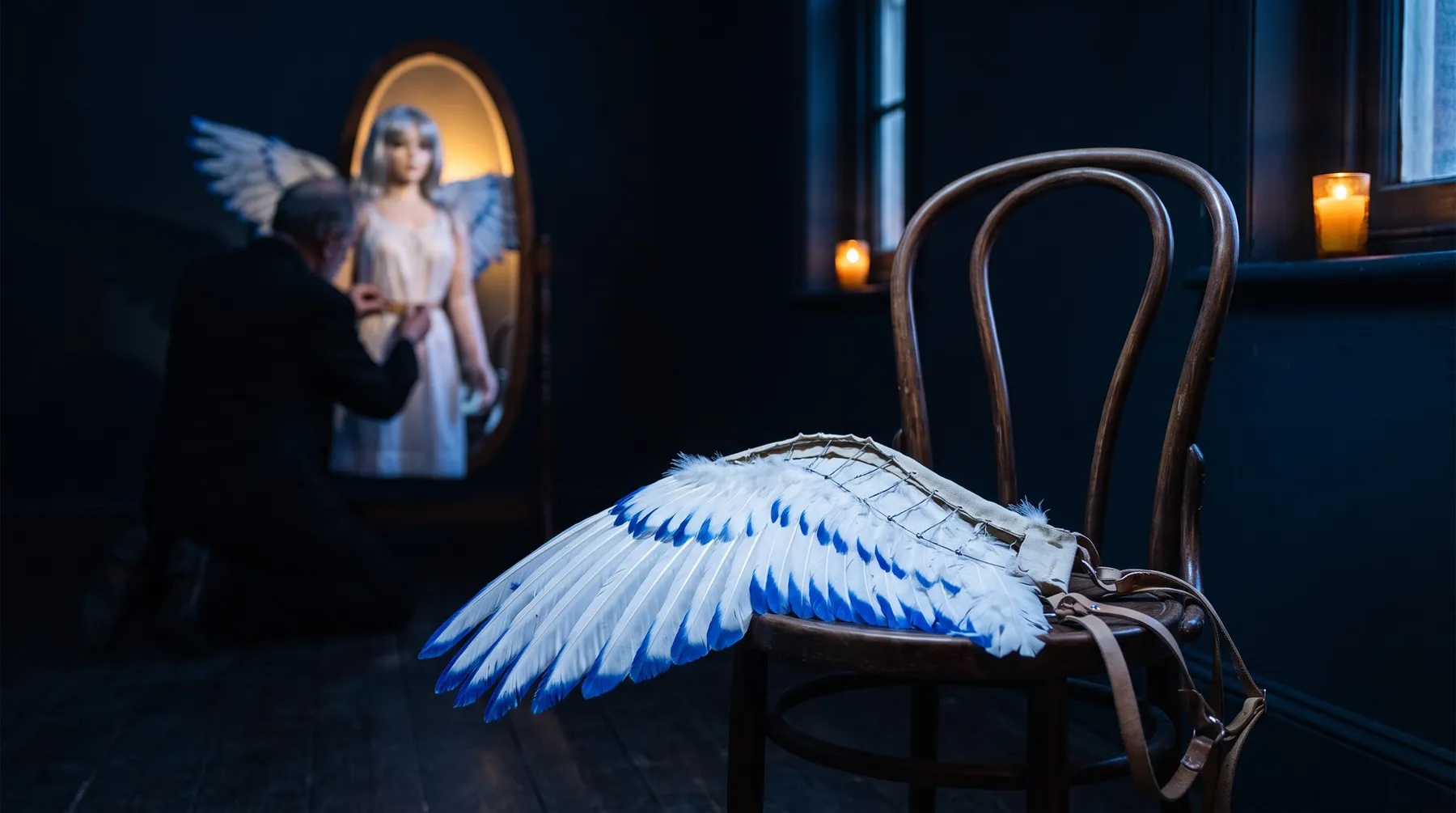 A spare feathered wing in the foreground and the doll reflected behind it