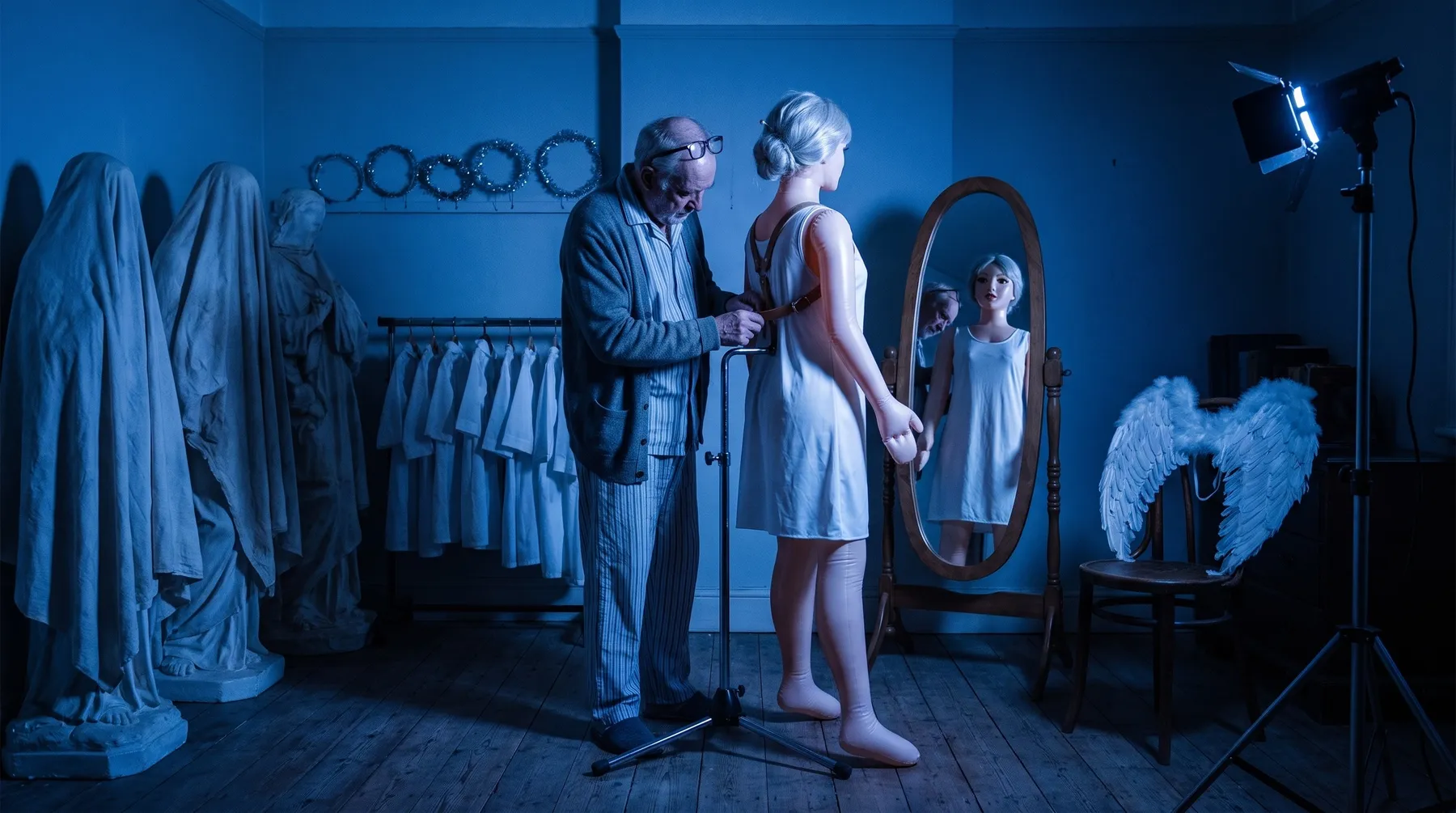 A man fits a feathered wing to a doll in a blue room
