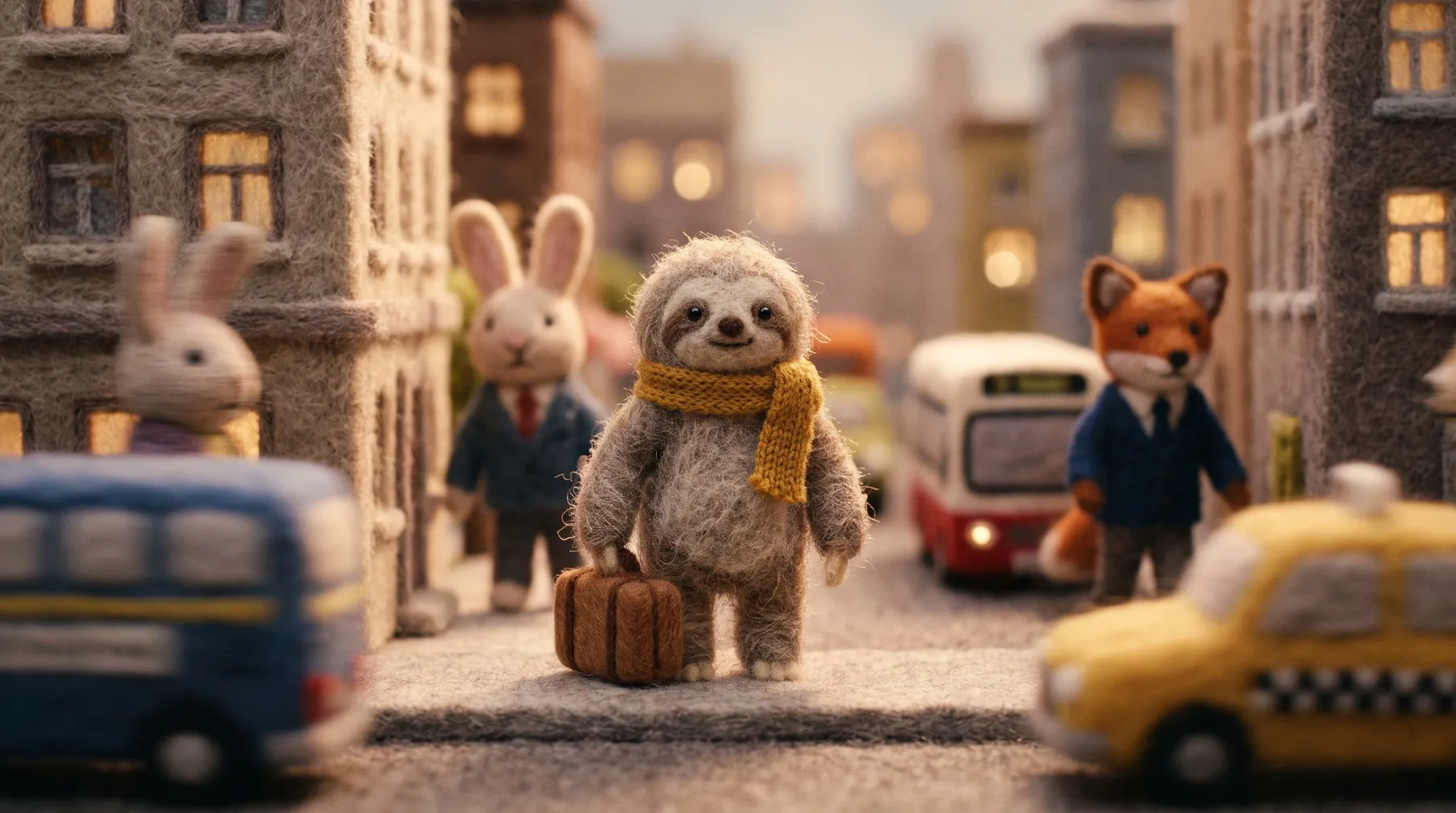 An early wool-world study of Barnaby in a busy street