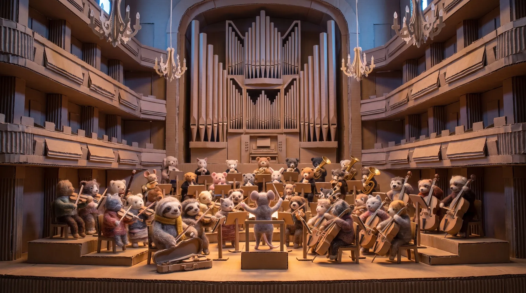 A felted animal orchestra in a concert hall built from cardboard
