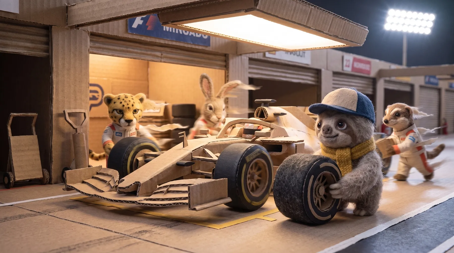 Barnaby and the animal pit crew beside a cardboard race car