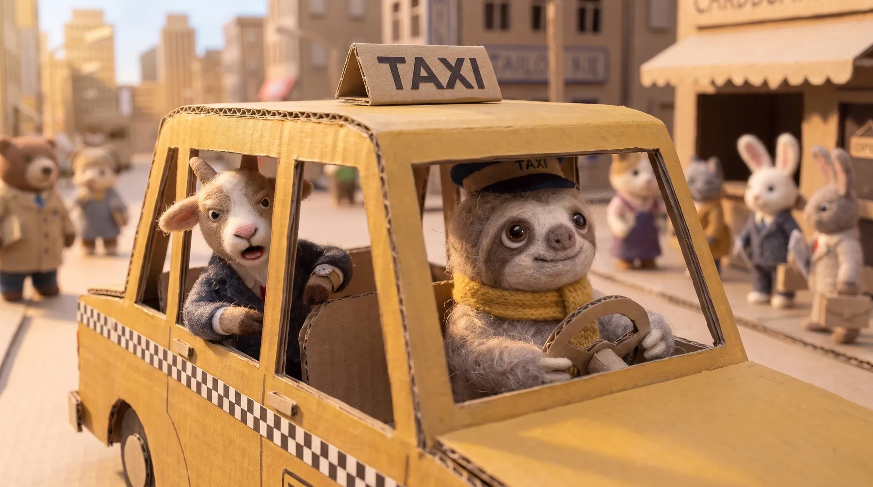 Barnaby drives a yellow cardboard taxi with an impatient passenger