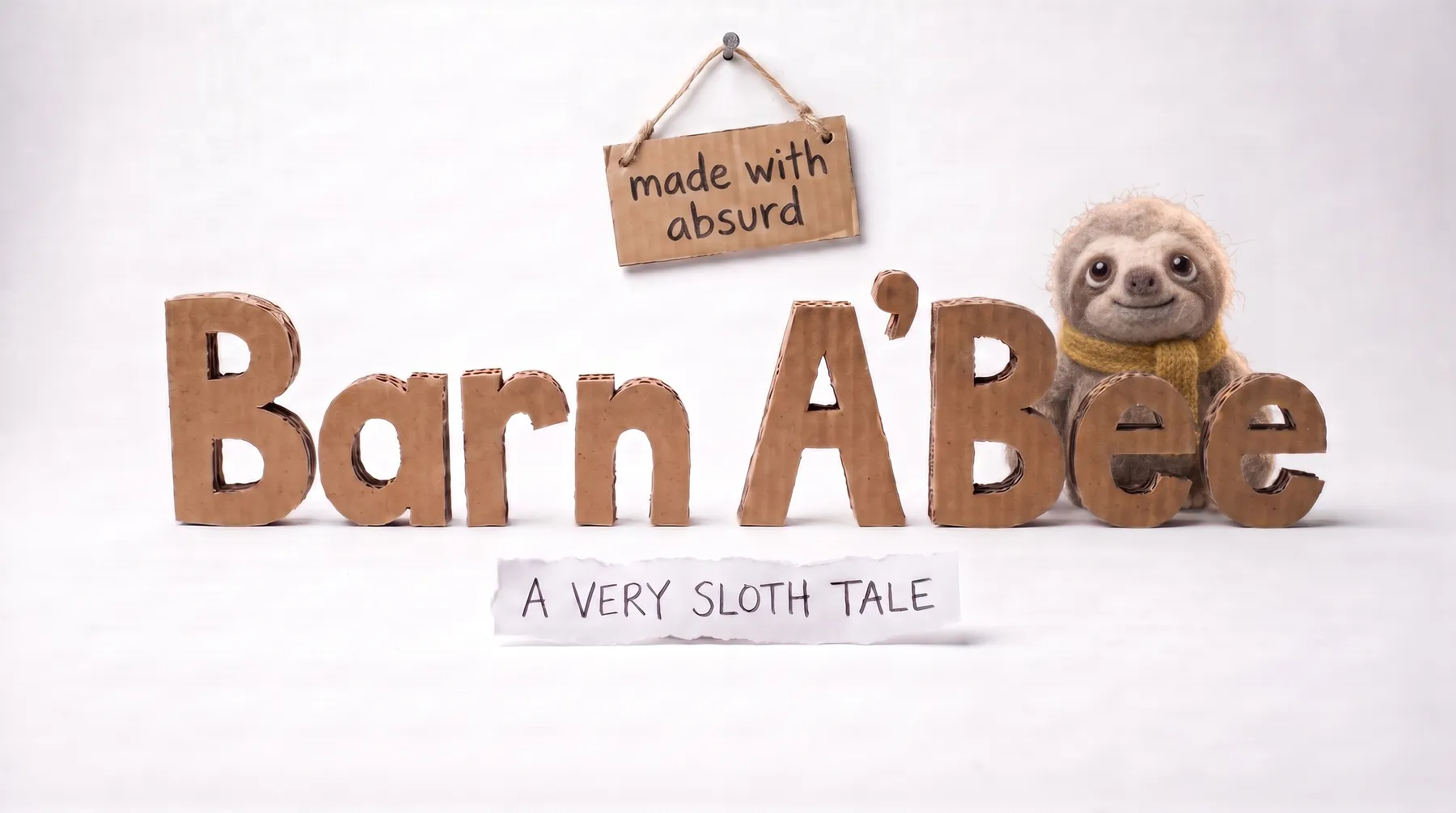 A cardboard Barn A’Bee title card with Barnaby and a made with absurd sign