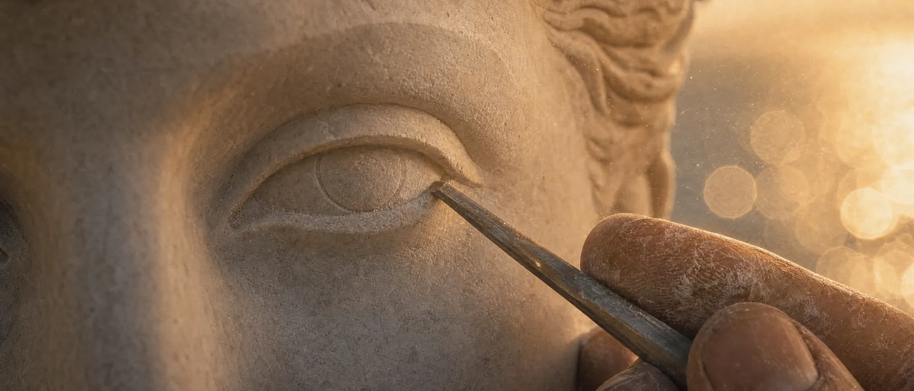 A sculptor’s tool approaches the eye of a marble statue