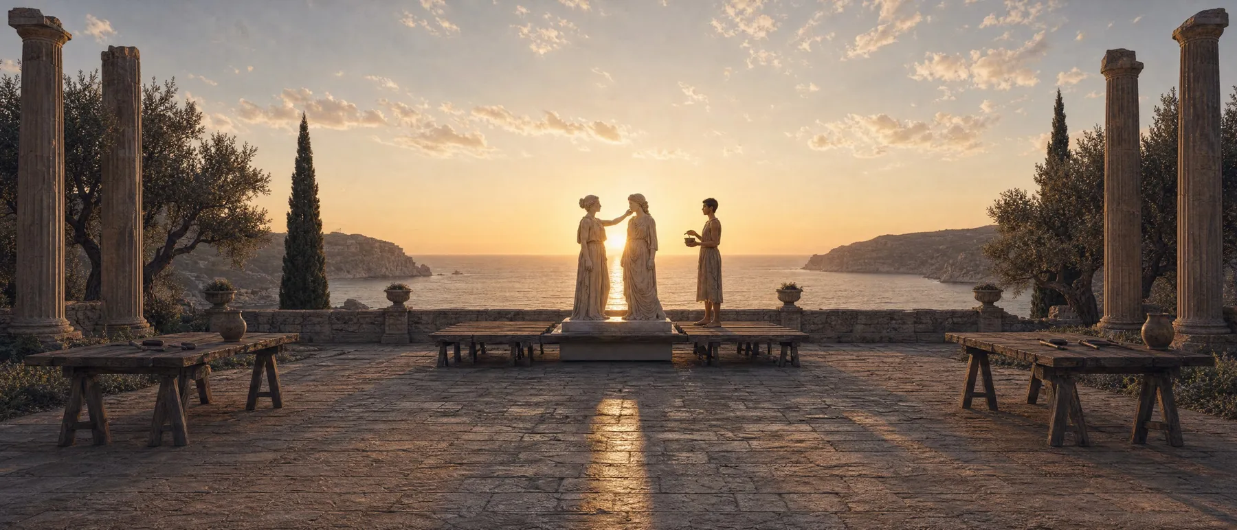 Sappho and Persephone stand together on one plinth in a Greek sculpture garden overlooking the sea