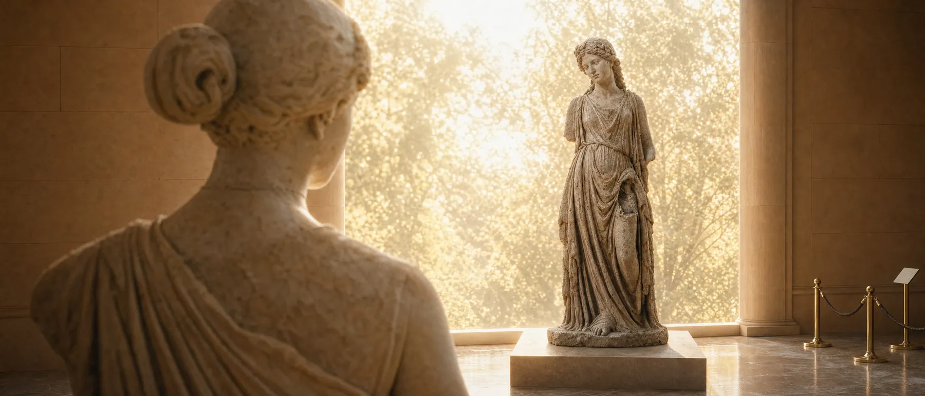 The two weathered statues face each other in a sunlit museum