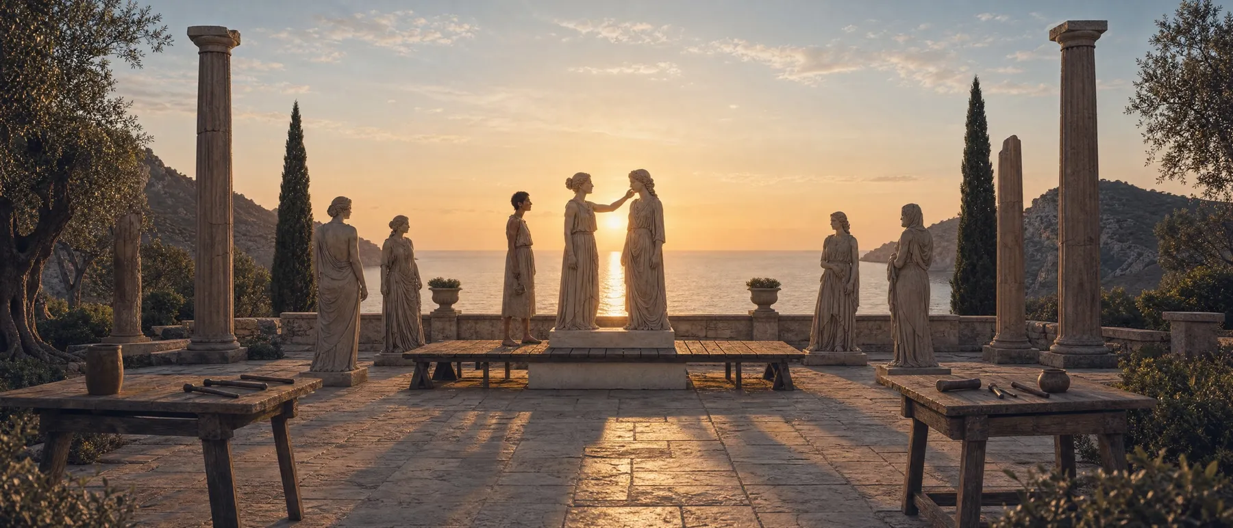A sculptor stands beside the two completed statues at sunset