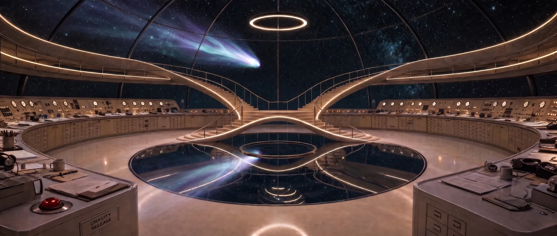 A comet passes beyond the curved glass observation dome