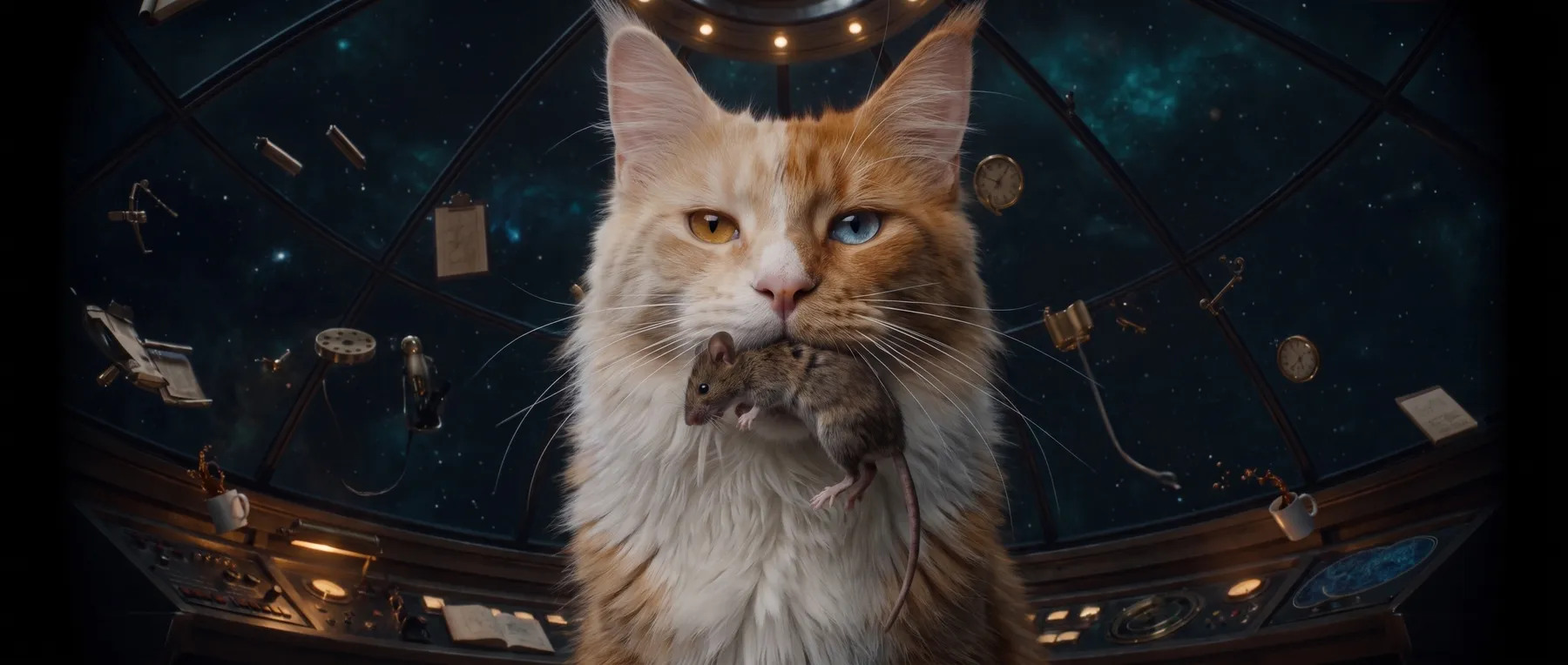 Jonesy holds a mouse while floating inside the observation dome