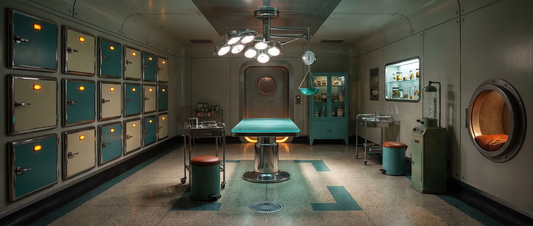 A retro-futurist morgue with teal drawers and a central autopsy table
