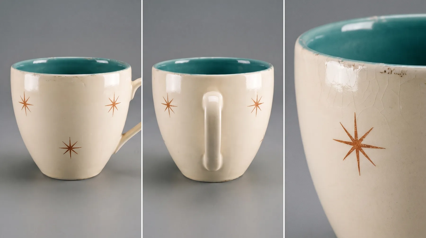 Three views of the cream-and-teal mug used in the observation-room sequence